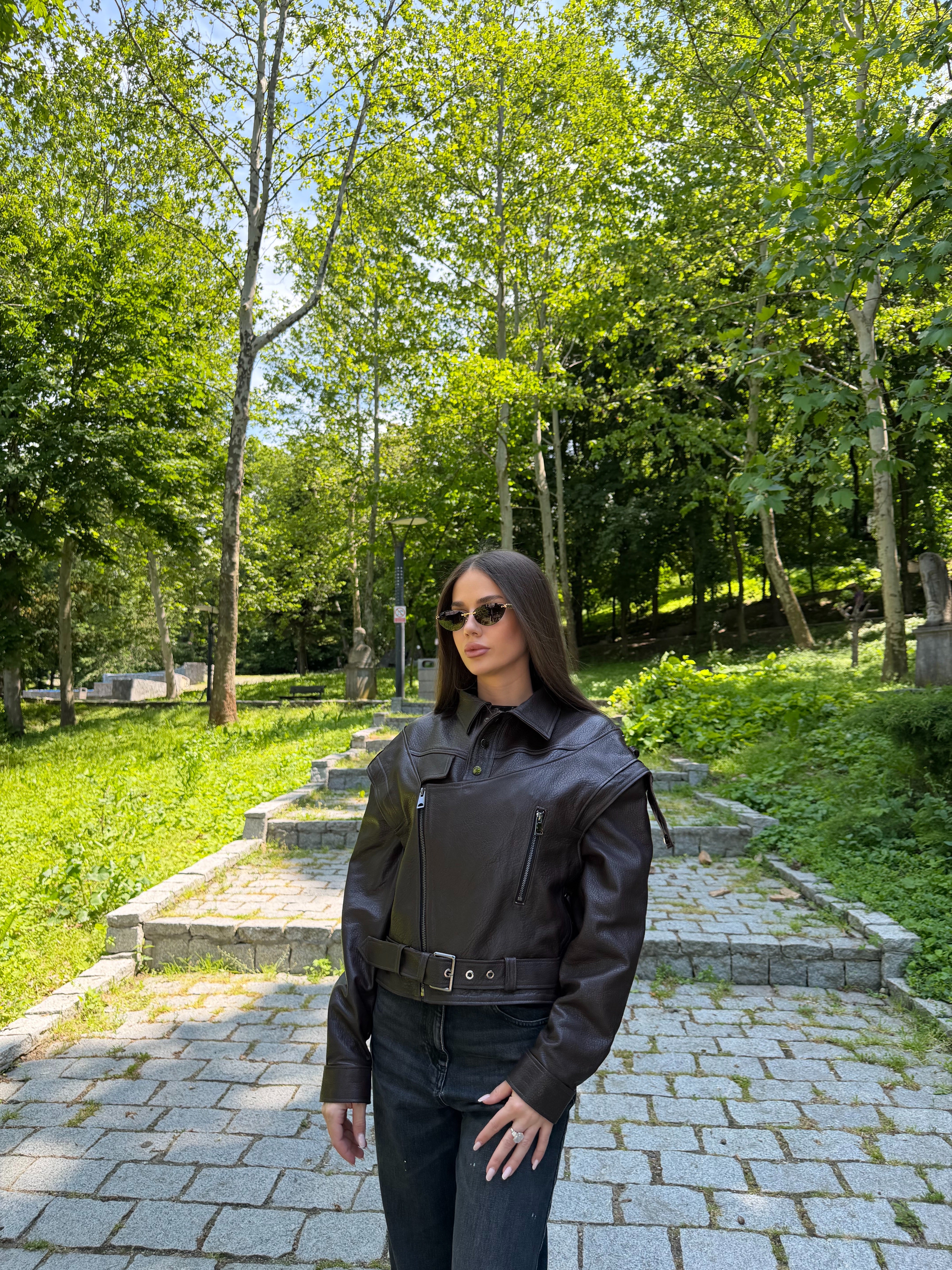 Geaca de Piele Naturala Texturata Oversized Brownie