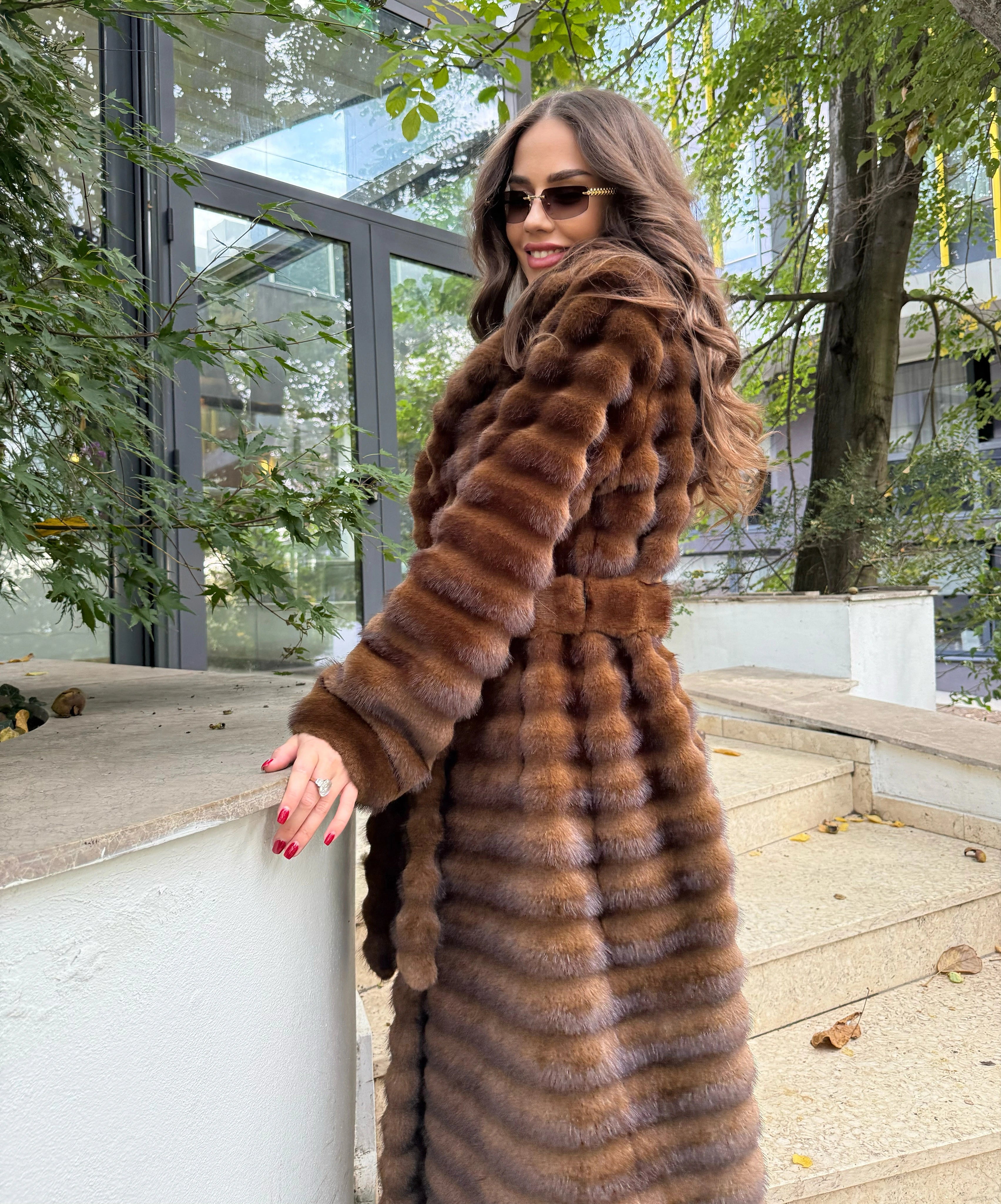 Haină lungă din Alcantara Premium cu Vizon