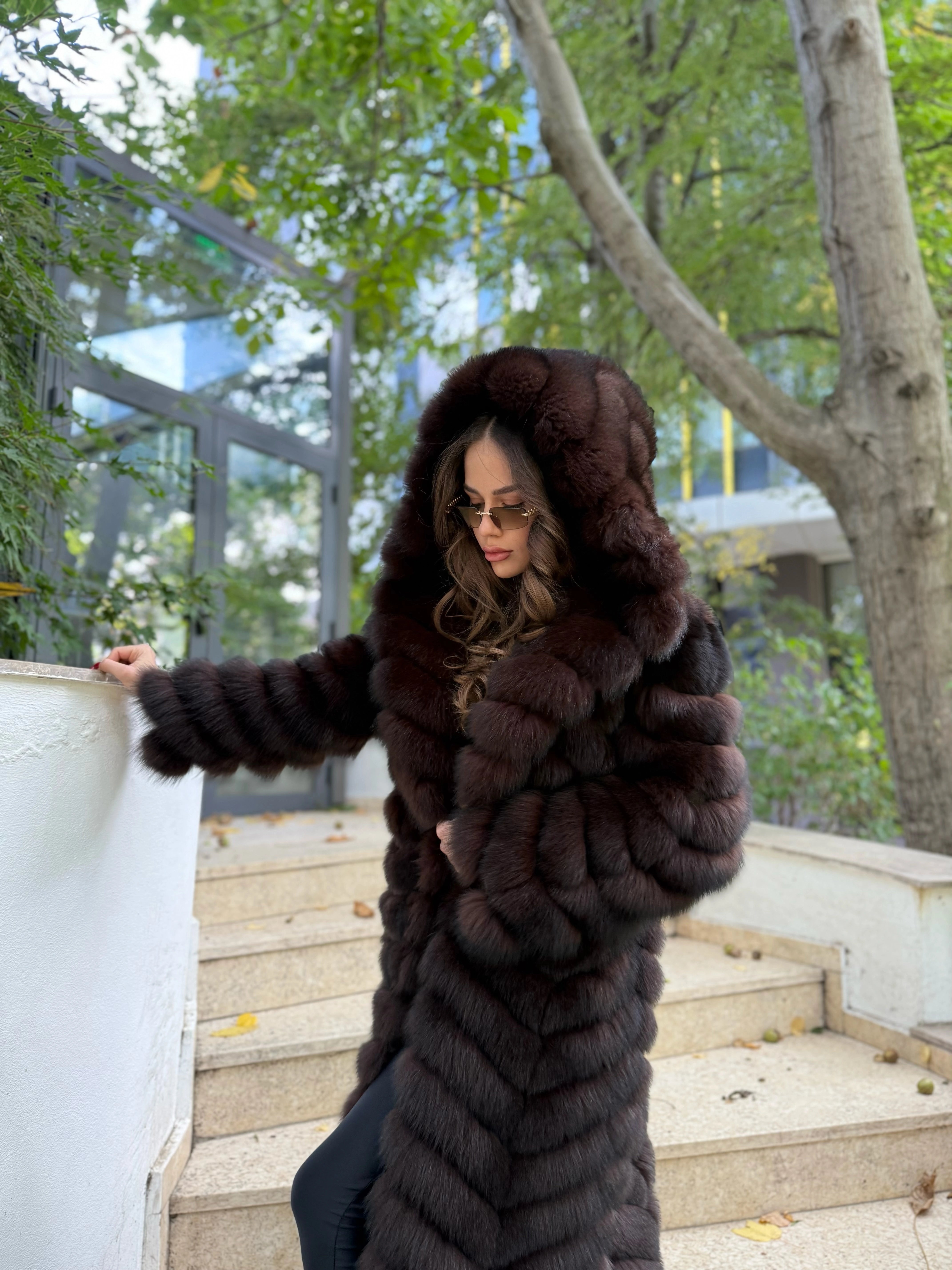 Haină lungă din Blană Naturală Premium cu Gluga si Rever