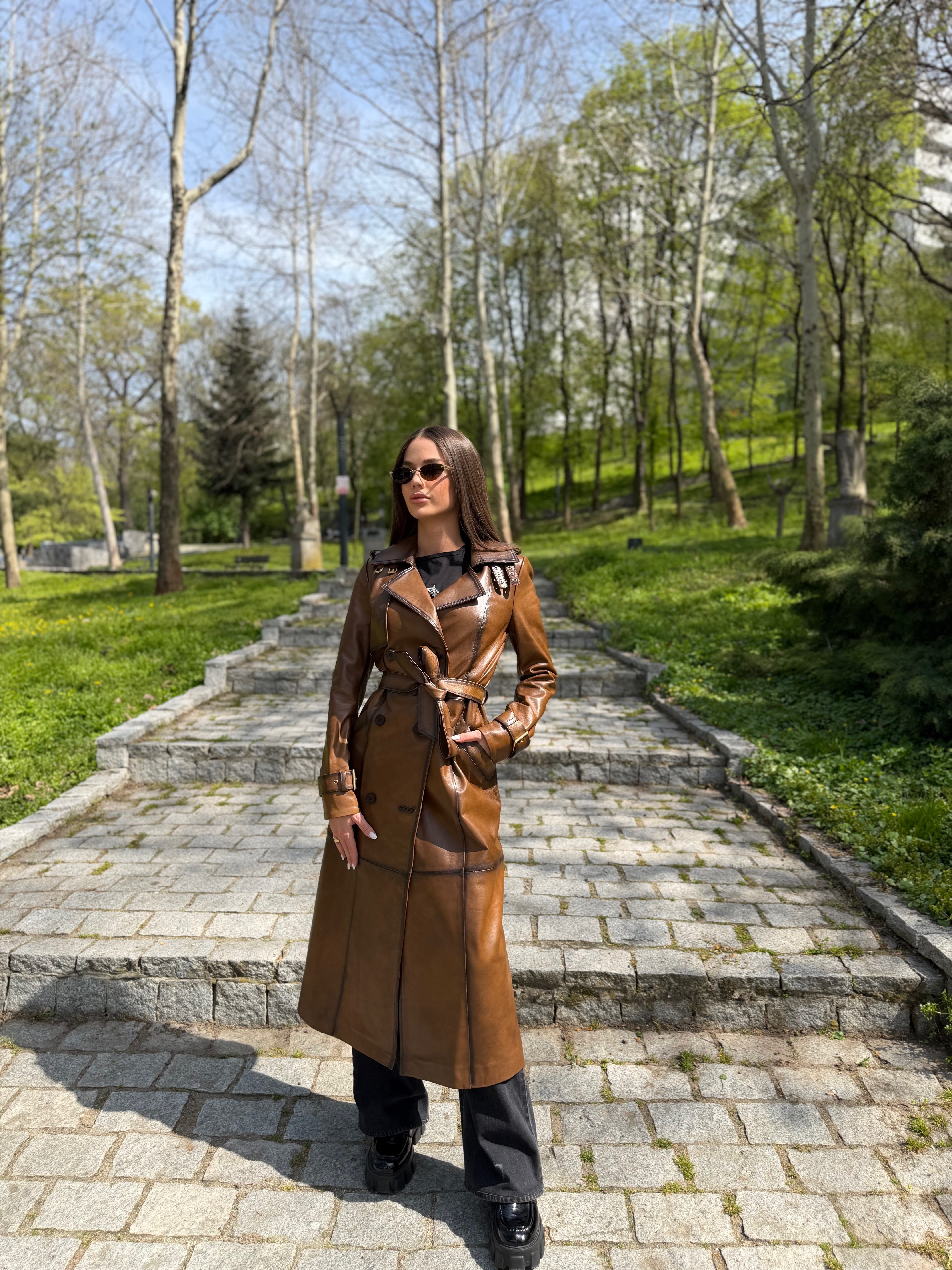 Trench Piele Naturala Noir Camel