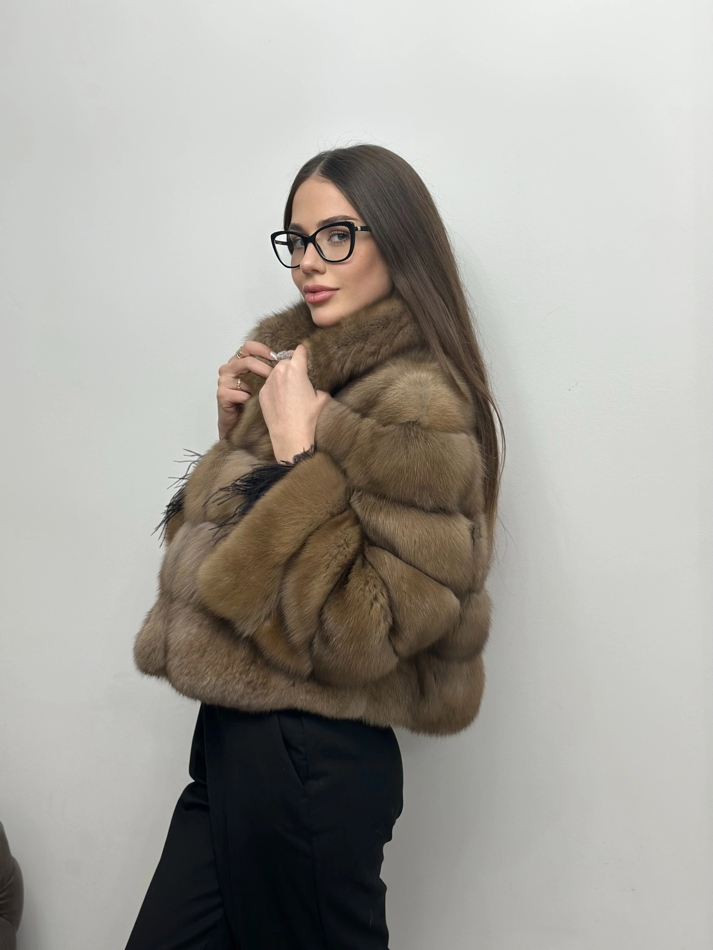 Haină din Blană Naturală de Zibelină Rusească Beige