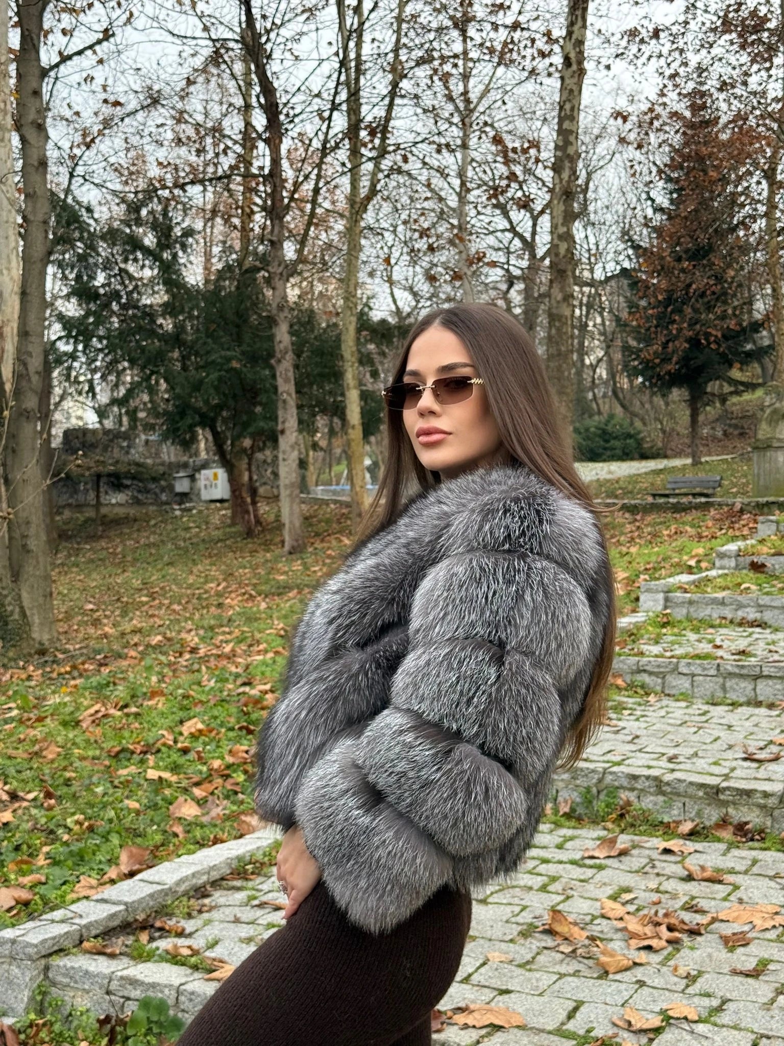 Haină din Blană Naturală de Vulpe Gri Spicuit