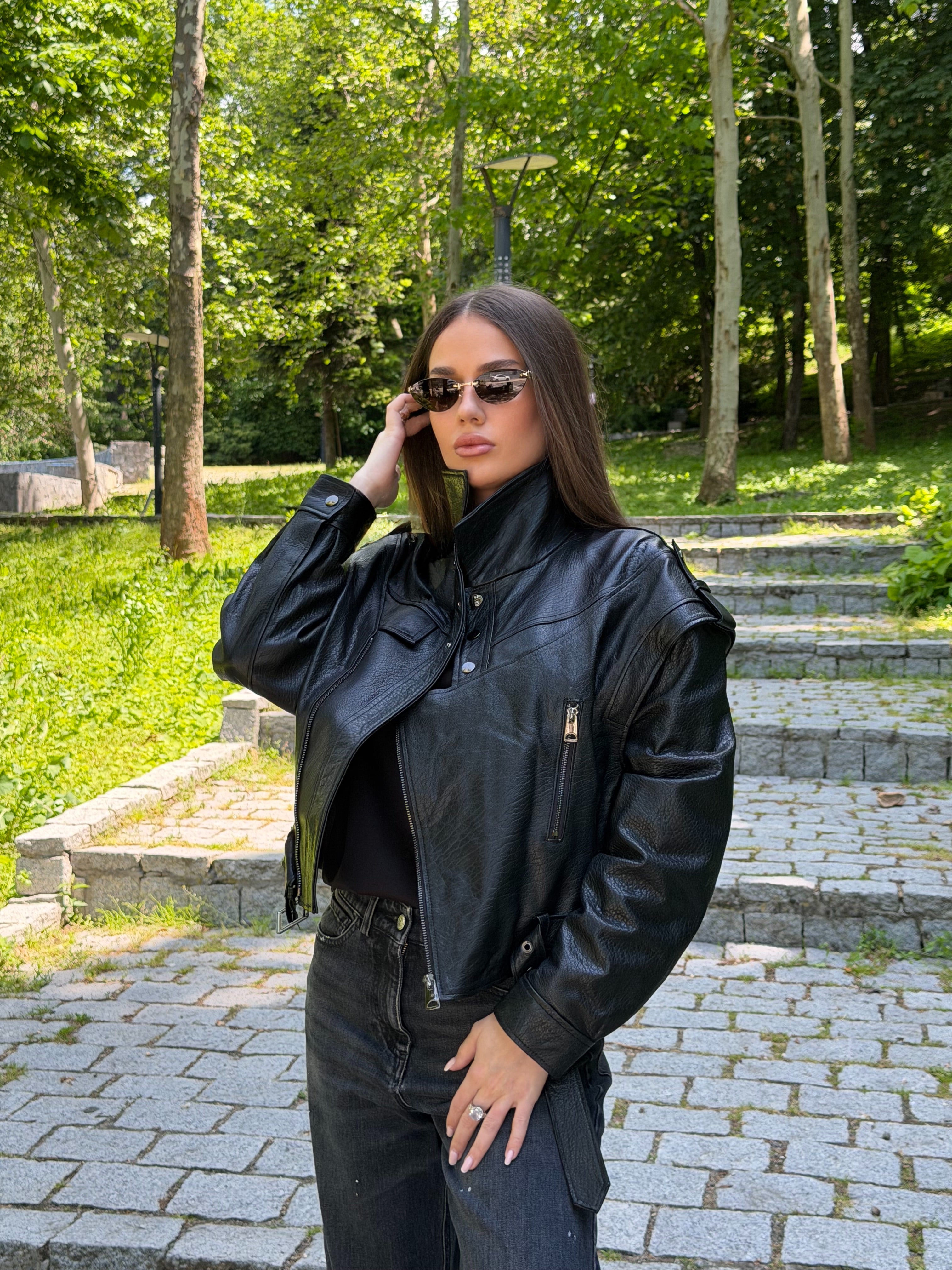 Geaca de Piele Naturala Texturata Oversized