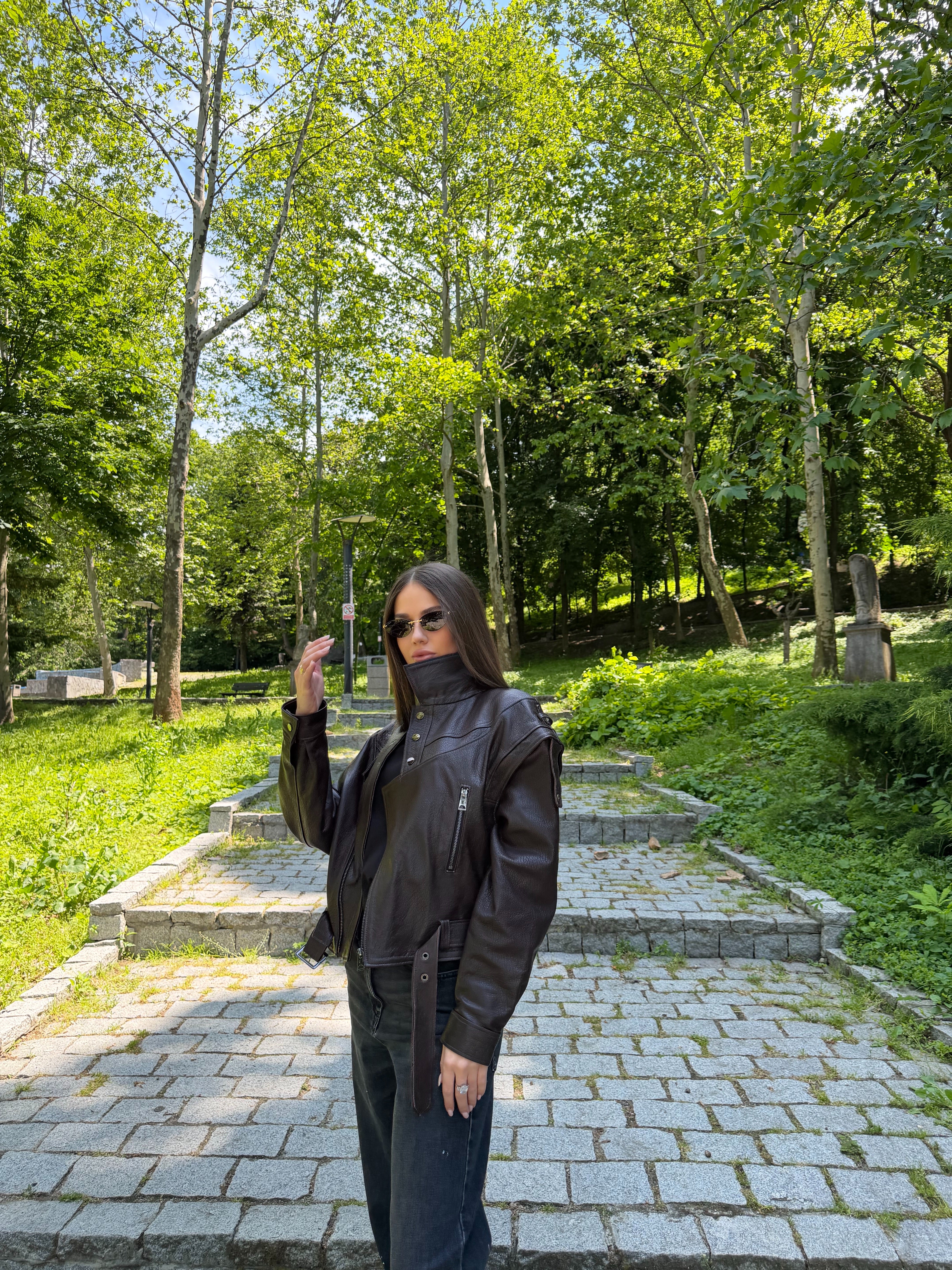 Geaca de Piele Naturala Texturata Oversized Brownie