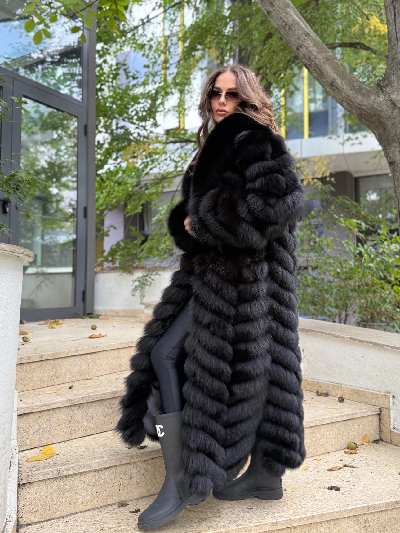 Haină lungă din Blană Naturală de Vulpe cu Rever