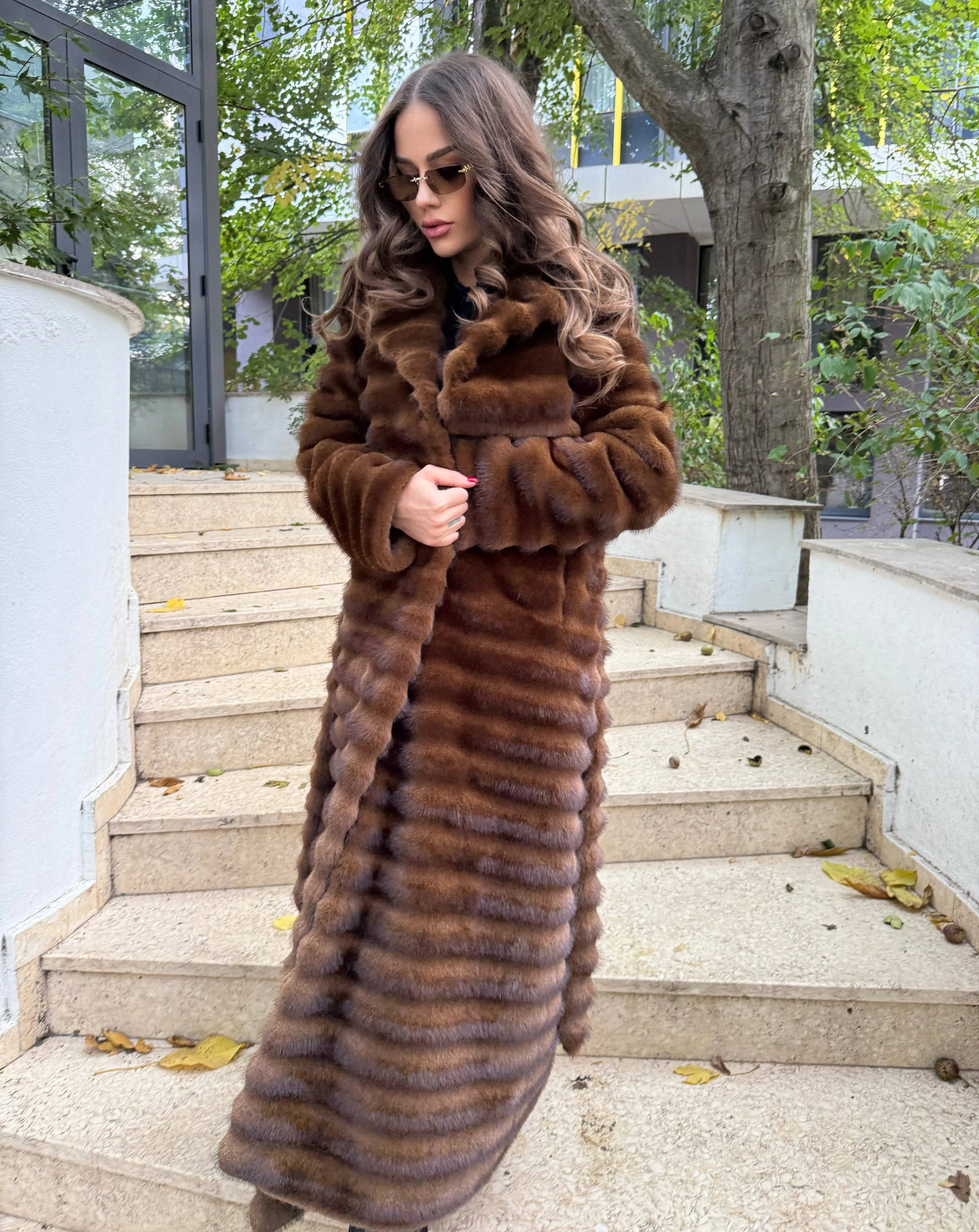 Haină lungă din Alcantara Premium cu Vizon