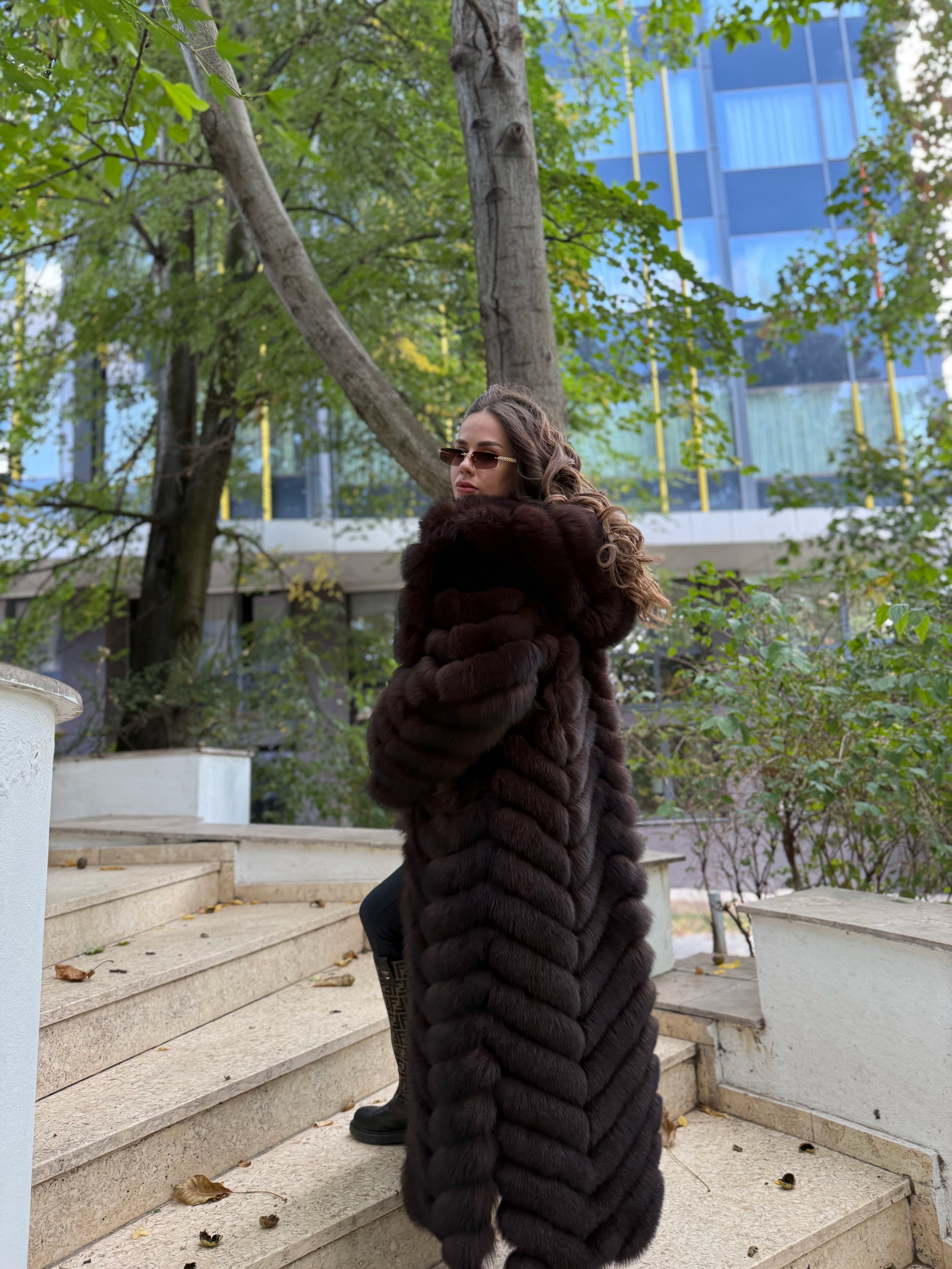 Haină lungă din Blană Naturală Premium cu Gluga si Rever