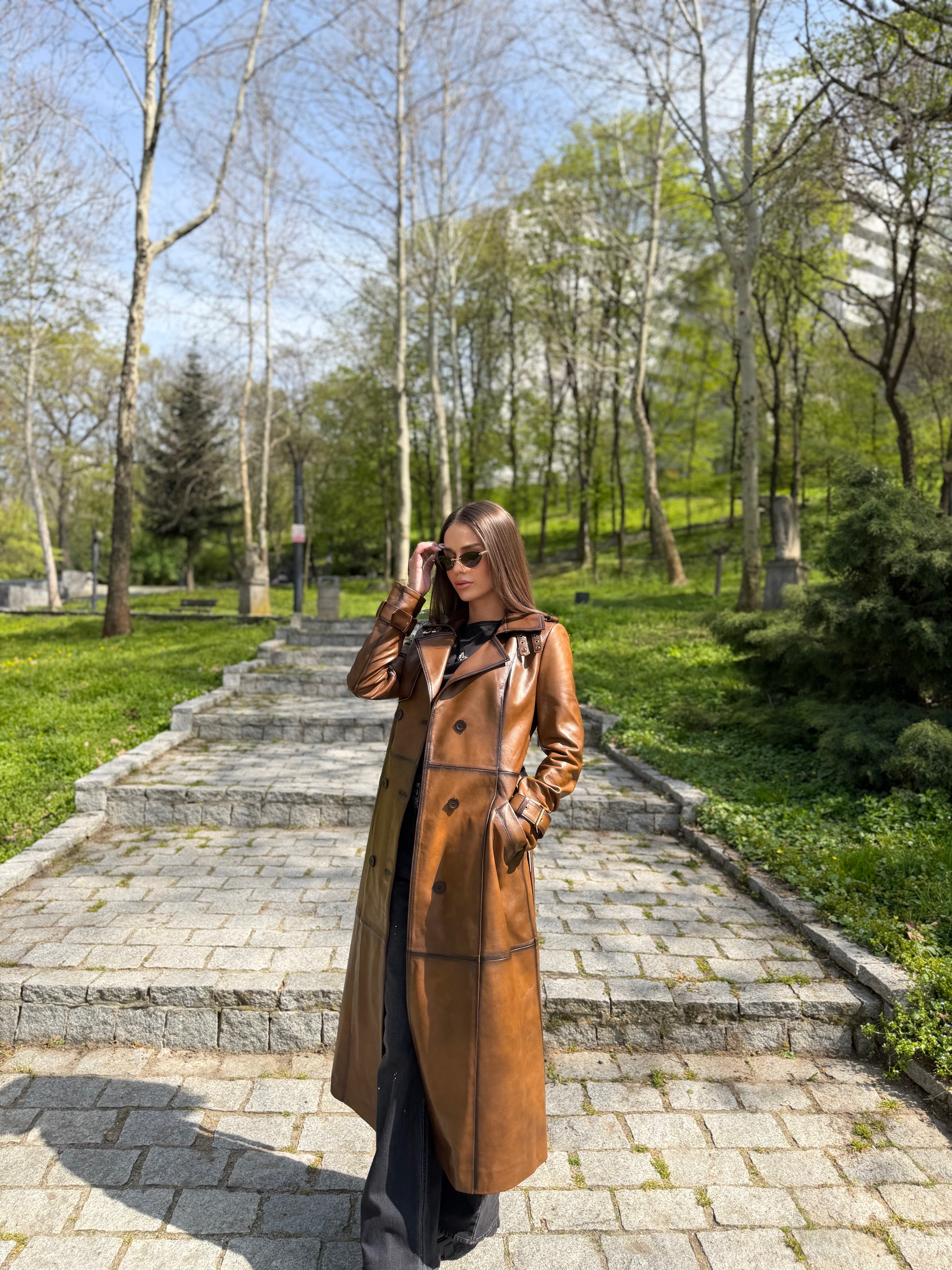 Trench Piele Naturala Noir Camel