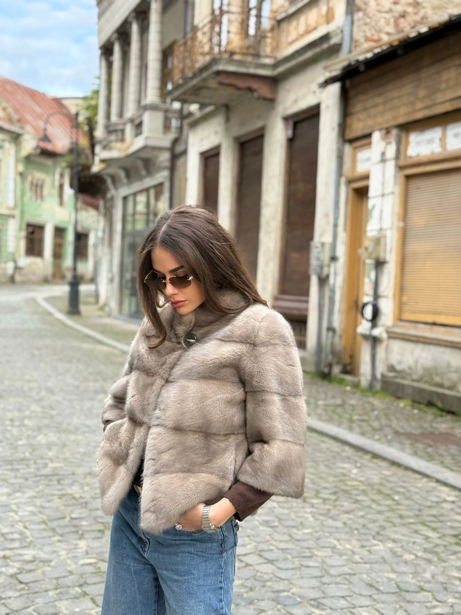 Haină din Blană Naturală de Vizon Gri Safir