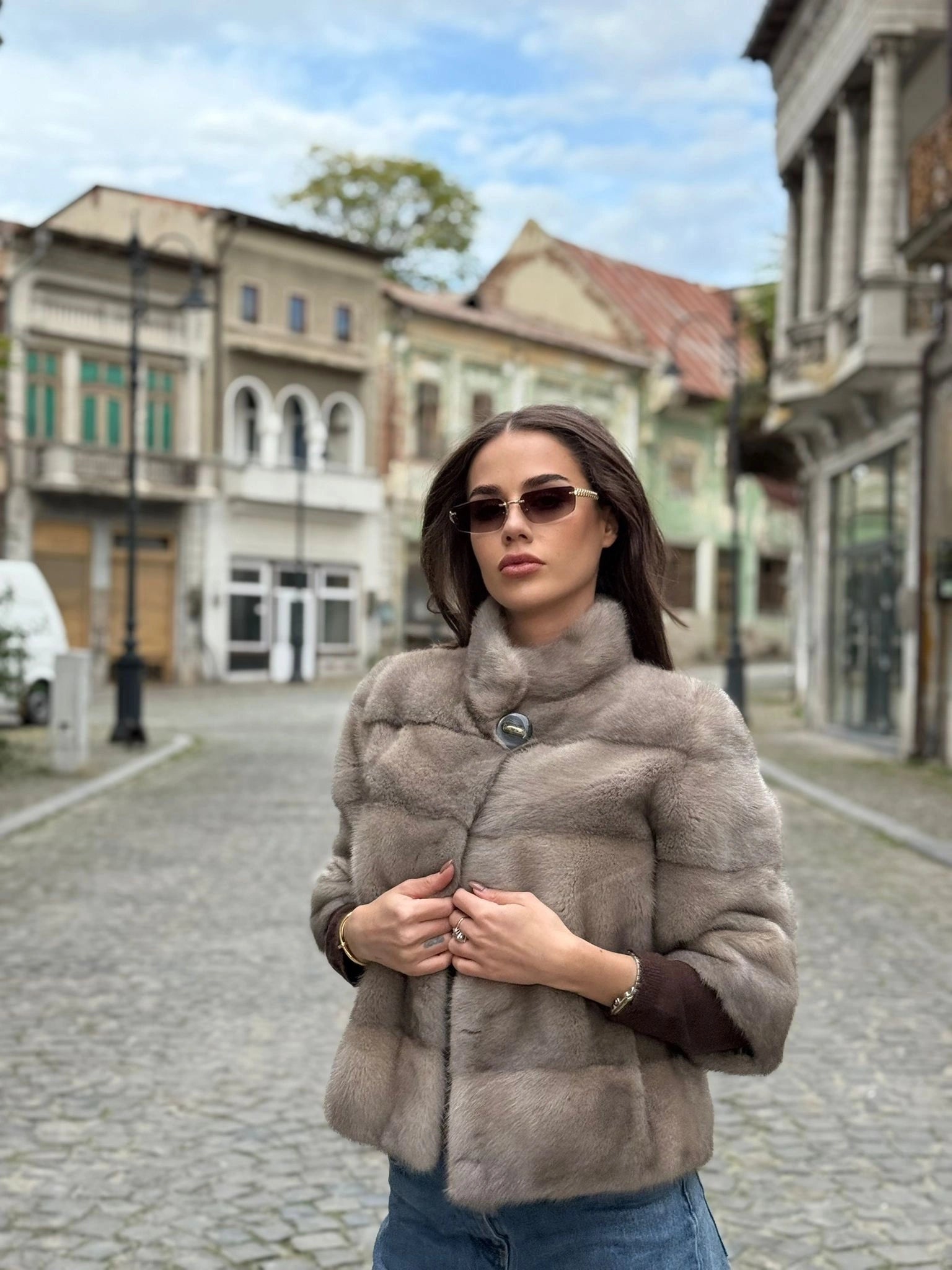 Haină din Blană Naturală de Vizon Gri Safir