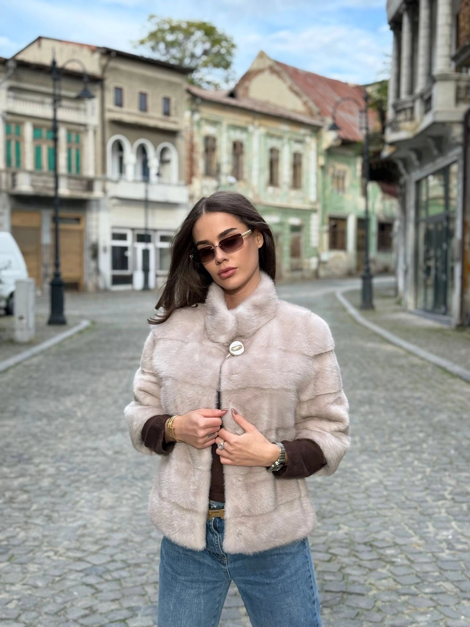 Haină din Blană Naturală de Vizon Beige-Rose