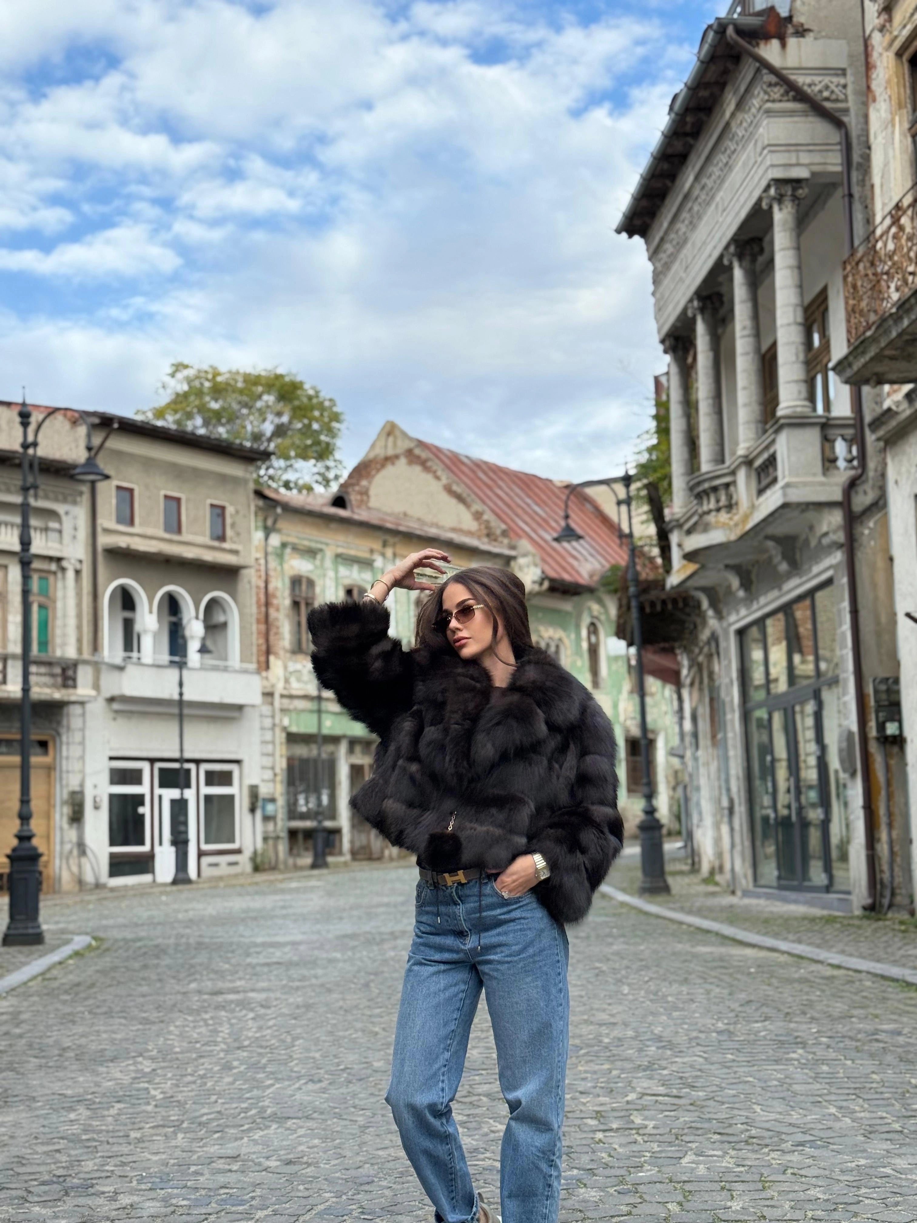 Haină scurtă din Blană Naturală de Zibelină Dark Brown