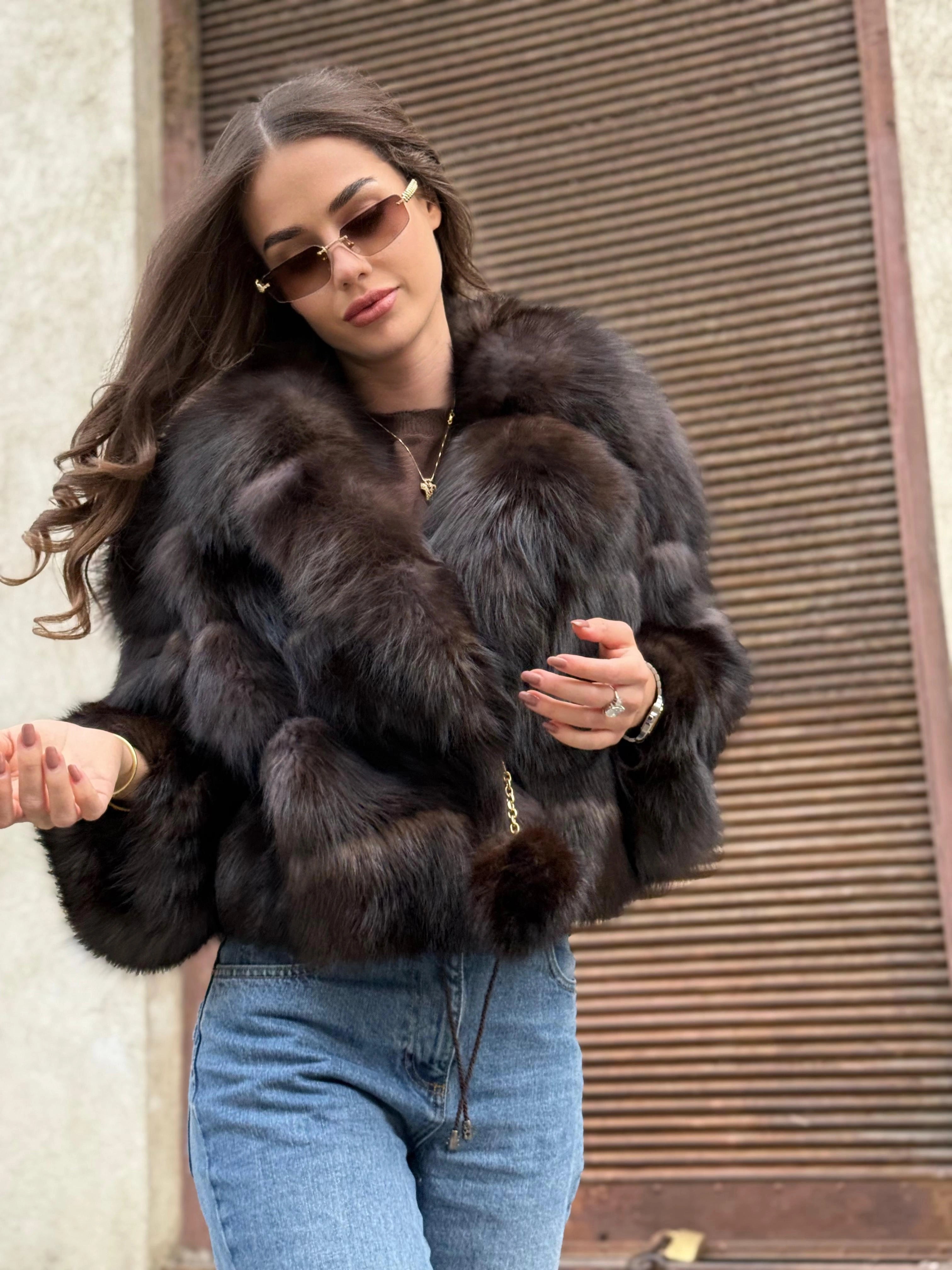 Haină scurtă din Blană Naturală de Zibelină Dark Brown