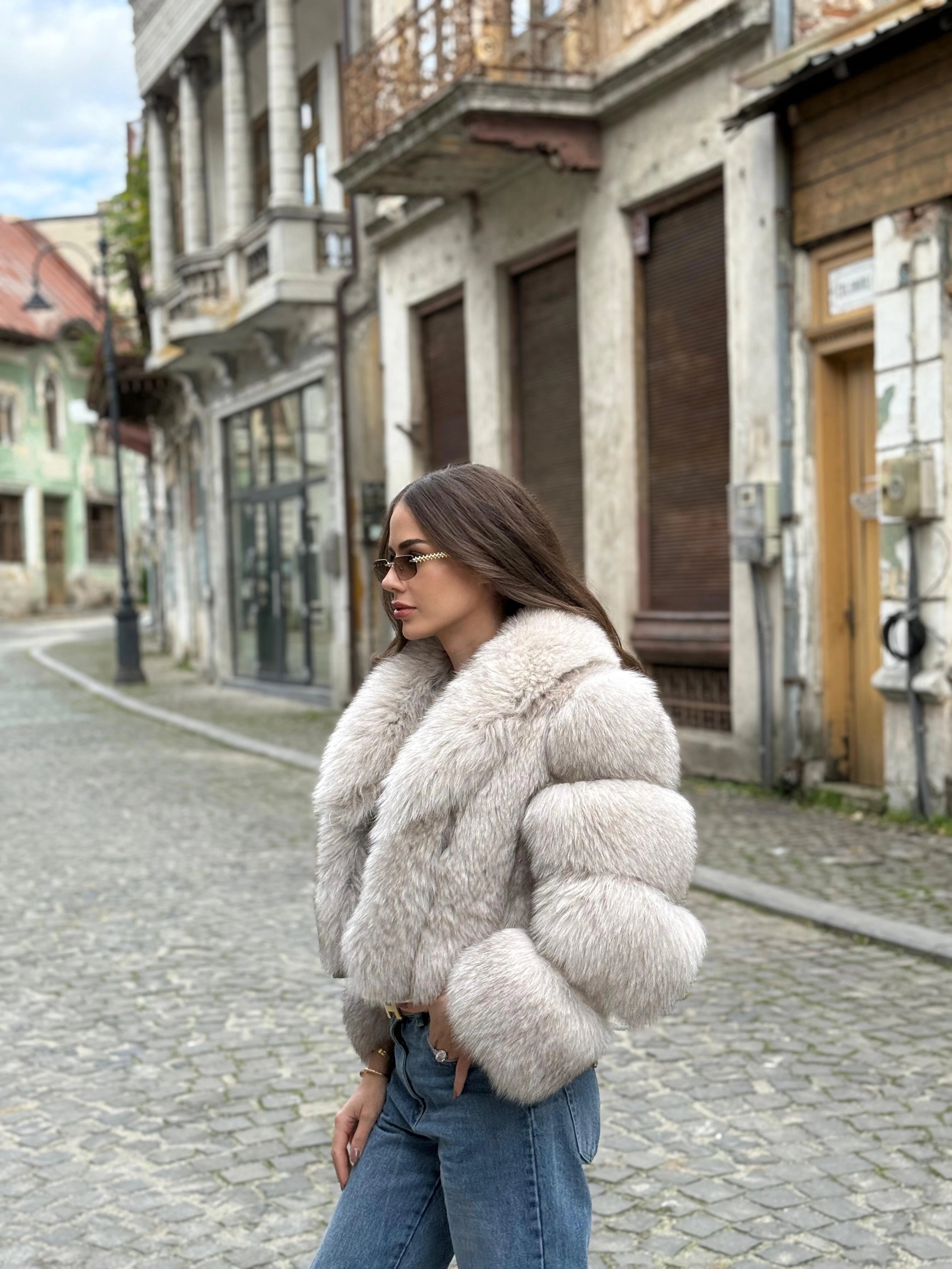 Haină din Blană Naturală de Vulpe Polară Beige-Rose