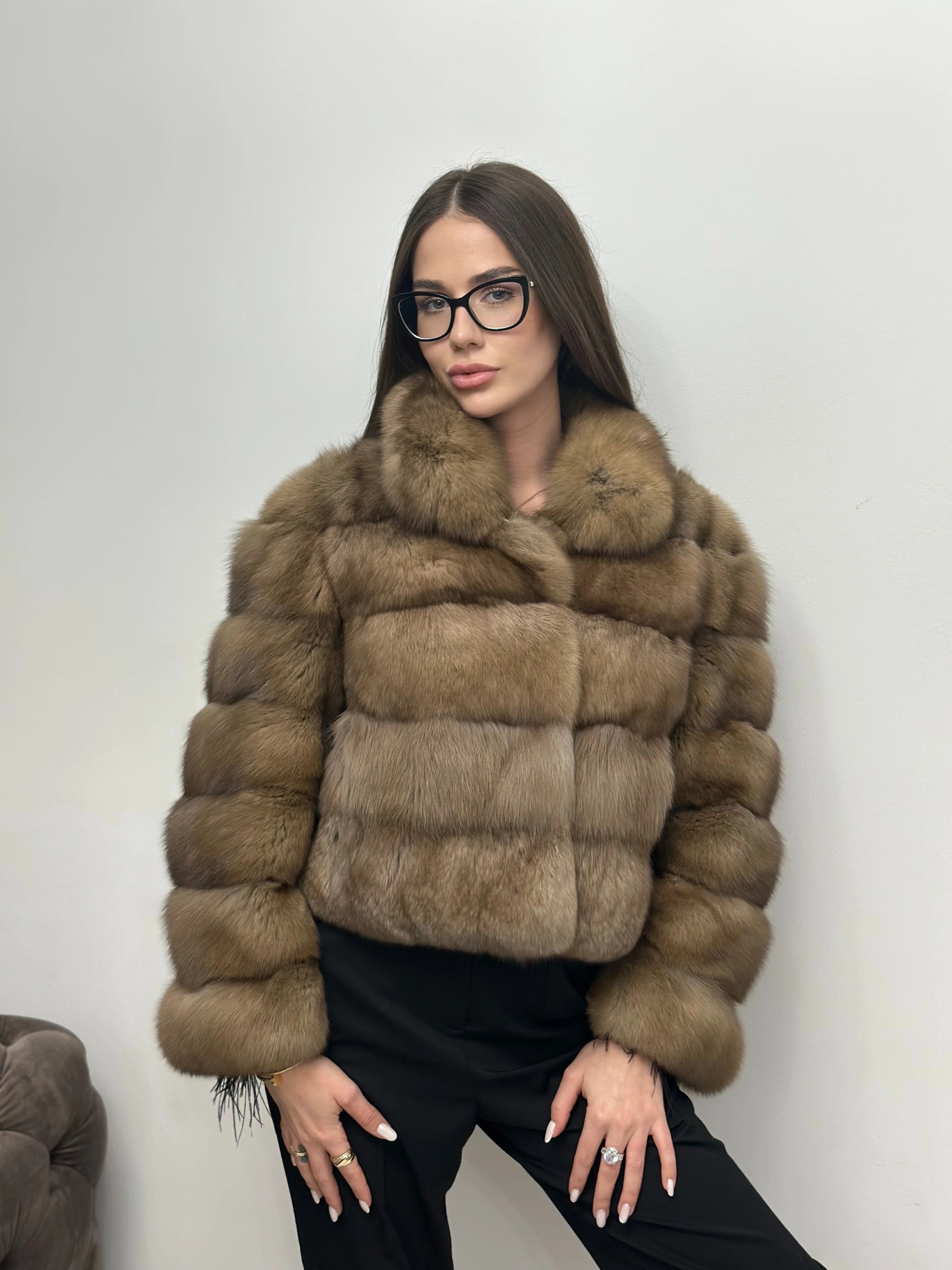 Haină din Blană Naturală de Zibelină Rusească Beige