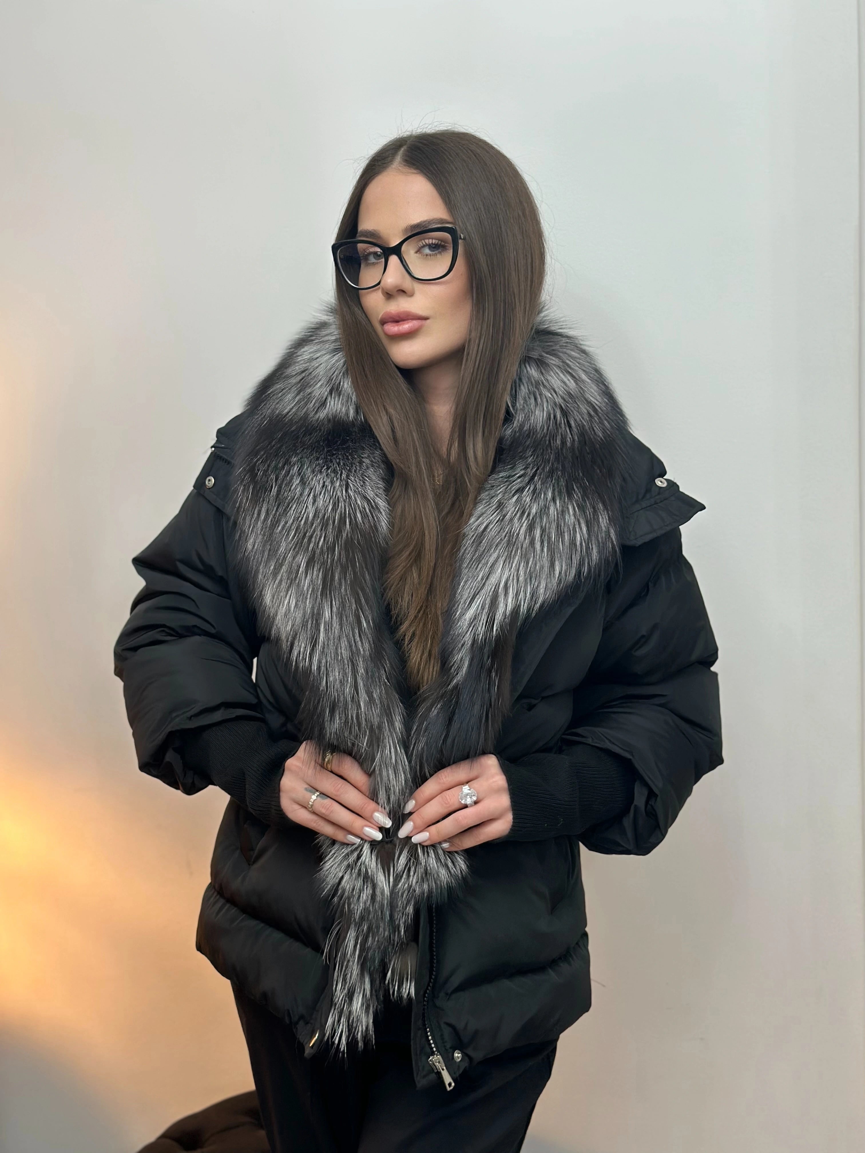 Geacă din fâș cu Blană Naturală de Vulpe